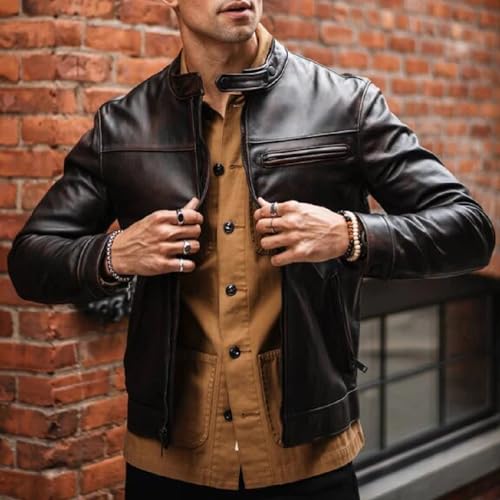 Café Racer Lambskin Leather Jacket Men Round Collar Men's Casual Real Leather Motorcycle Biker Jacket2
