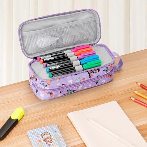 Image of Choco Mocha Girls Pencil Case for Kids, Soft Large Zipper Pencil Pouch for Kids with 2 Compartments Girls Pencil Case for School Butterfly Pencil Bag, Purple