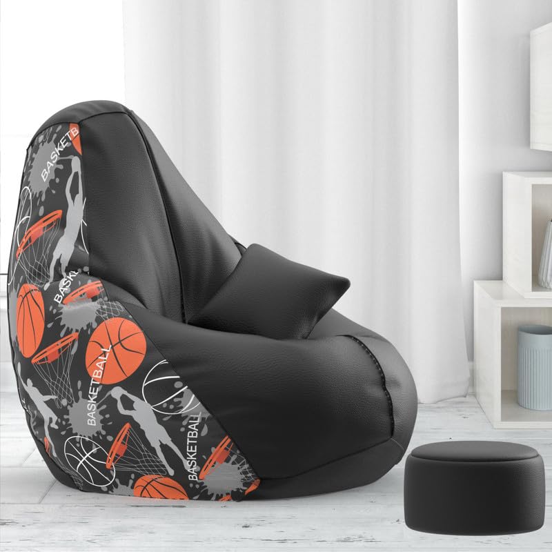 Image of Biggie Bean Bag Chair 4XL with Beans Filled-Pop Prints-Printed Designer Bags-Where Prints Meet Personality with Free Cushion & Footrest (Matching Color : Printed, Basketball - H - Black)