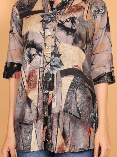 Image of FIMS - Fashion is my style Rayon Abstract Printed Short Kurti for Women, Tunics Tops, Ethnic Wear for Office, Flared, Mandarin Collar V Neck, Roll-Up Sleeves, Summer Wear, Ideal Gift for Girls