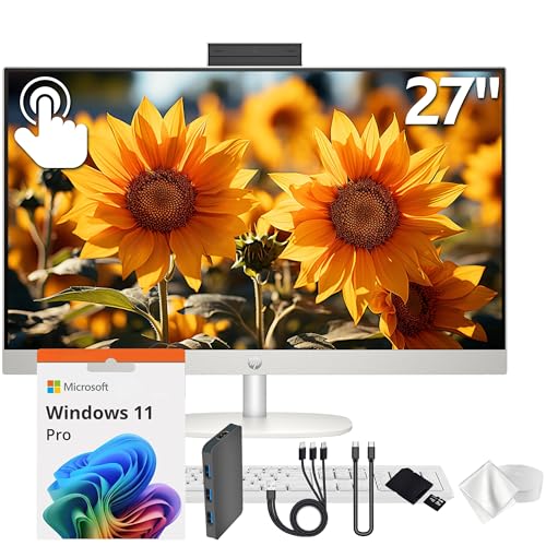HP 27' FHD Touchscreen All-in-One Desktop, AMD Ryzen 5 7520U, 16GB LPDDR5, 2TB Storage (1TB SSD&1TB Docking Station), FHD IR Camera, Wi-Fi 6, Wireless Keyboard & Mouse, Windows 11 Pro, White