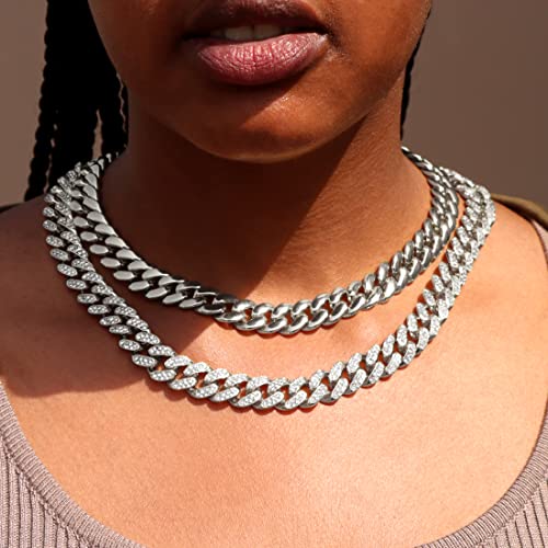 2PCS Cuban Link Chain for Men Women Miami Cuban Link Chain Necklace Gold Silver Plated Bling Diamond Chain Trendy Choker Chain Necklaces Jewelry for Men4