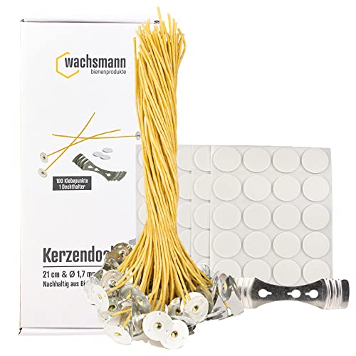 Kerzendochte Paraffin-frei | Nachhaltig aus Bienenwachs und Hanf | 100 Dochte gewachst mit Fuß | Set mit Klebepunkten und Dochthalter | Verschiedene Längen und Durchmesser (Ø 1,7 mm | Länge 21 cm) Cover