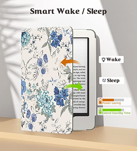 Image of MoKo Case for All-New 6 inch Kindle(11th Generation, 2024 /2022 Release) /(10th /8th Gen, 2019 /2016), Ultra Lightweight PU Shell Cover with Auto Wake /Sleep for Kindle 2024, Blue Flower on White