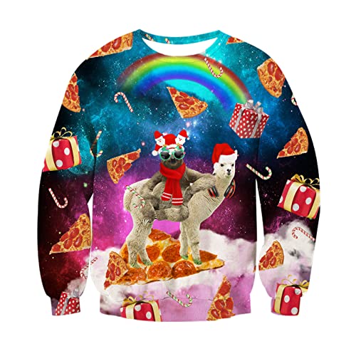 uideazone Unisex Weihnachtspullover Herren Neuheit 3D Druck Pizza Alpaka Hässlich Weihnachten Sweatshirts Pullover Damen Ugly Christmas Sweater XL Cover