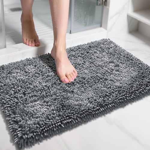Image of Yimobra Chenille Bathroom Rugs Non Slip, Extra Thick Soft Absorbent Bath Rug 31.5x20 Inch, Machine Washable Quick Dry Bath Mat for Bathroom Floor, Tub and Shower, Home Decor Accessories, Silver