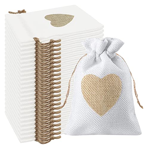 VEGCOO 24Pcs Motif de Coeur Sachets en Toile de Jute Pochettes 10*14CM,pour Bijoux Boite Dragees Mariage pour Bonbons Adeaux Cadeau Baptême Anniversaire Noël Petit (Blanche)