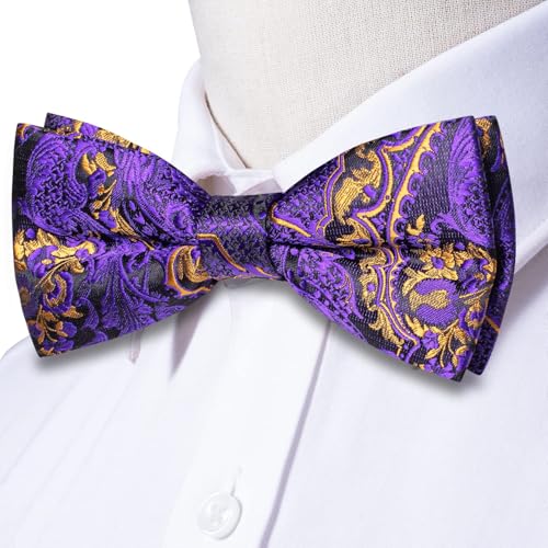Image of Dubulle Mens Paisley Striped Bowtie Set Pre-tied Bowtie for Men and Pocket Square Set Wedding Business