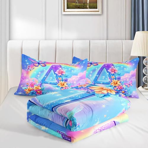 Image of AILONEN Full Sparkle Initial A Comforter Set, Rainbow Floral Butterfly Bedding, Pastel Cloud Decor, Glitter Look Microfiber Teens Gamer Cool Room