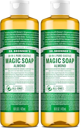 Dr. Bronner's - Pure-Castile Liquid Soap (Almond, 16 ounce) - Made with Organic Oils, 18-in-1 Uses: Face, Body, Hair, Laundry, Pets and Dishes, Concentrated, Vegan, Non-GMO (Pack of 2)