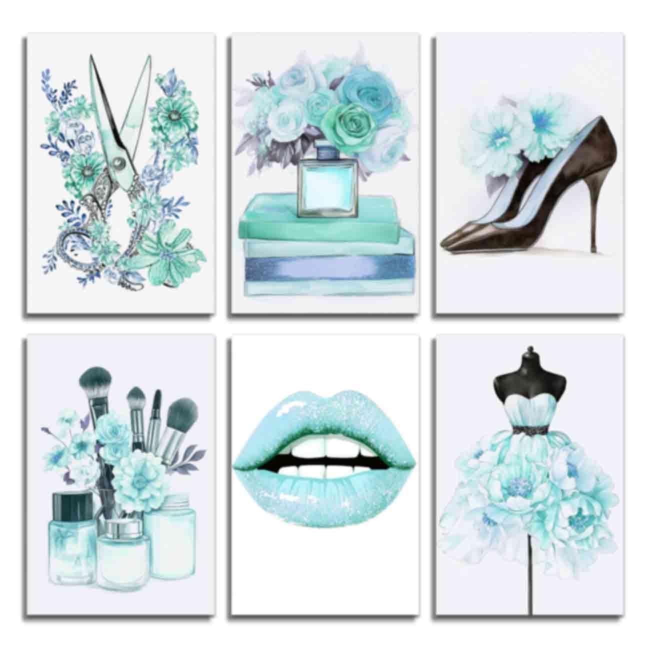 ZQQART Pink Fashion Woman Picture Canvas Wall Art Set of 6 Piece High Heels Makeup Brush Lips Flower Painting Sign Prints Teenage Girl Room Decor (Blue,8"x12"x6)