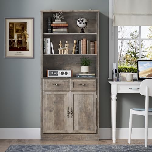 Image of BORNOON 70.1 inch Tall Bookshelf with Drawers & Cabinet, 5-Tier Floor Standing Bookcase with Storage Doors, Adjustable Shelves & Metal Handles, 31.5 inch Wide Organizer for Home Office, Living Room