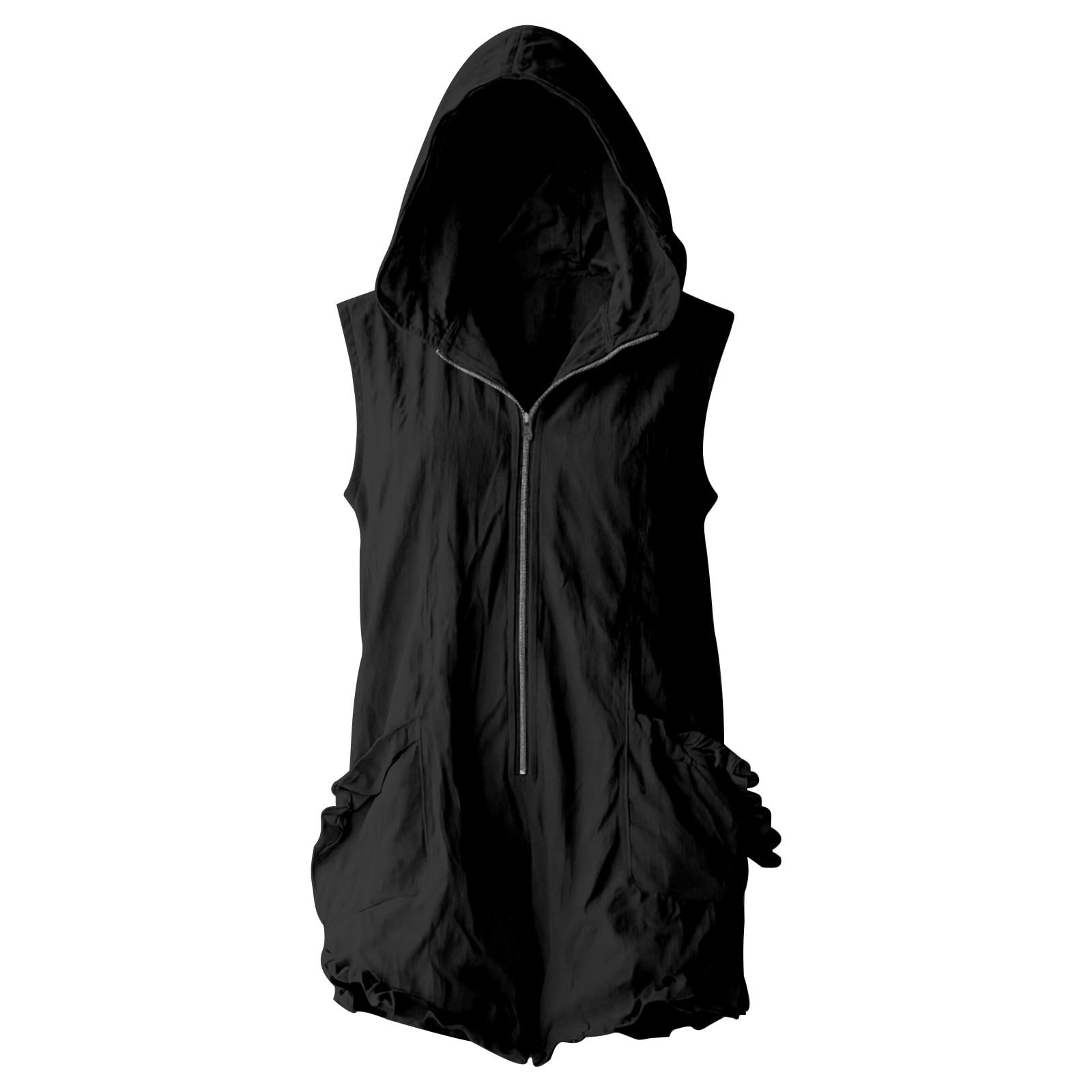 Generisch Tuta corta estiva da donna, con cappuccio, balze, senza maniche, con cerniera, tinta unita, con tasche, per il tempo libero e le vacanze