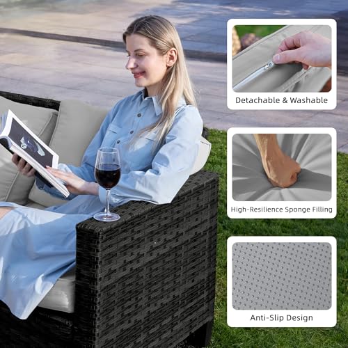 Image of UDPATIO Patio Furniture Set with Fire Pit Table and Swivel Rocking Chairs, 6 Pieces Outdoor Wicker Furniture Set with Waterproof Cover, 4'' Thickened Cushion, Light Grey
