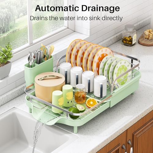 Image of SAYZH Dish Drying Rack - Expandable Dish Rack for Kitchen Counter, Rust-Resistant Dish Drainer with Utensil Holder and Raised Guardrail, Kitchen Organizer for Cup and Bottle (Green)