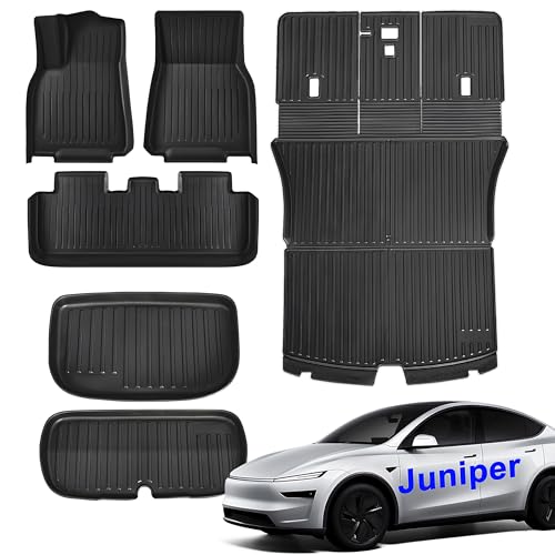SUPER LINER Tesla Model Y Juniper Floor Mats 2025 2026 | Custom Fit All-Weather 7-Piece Set TPE Material | Model Y Juniper Back Seat Protector, Cargo Liner, Trunk & Interior Accessories - Best Tesla juniper floor mats