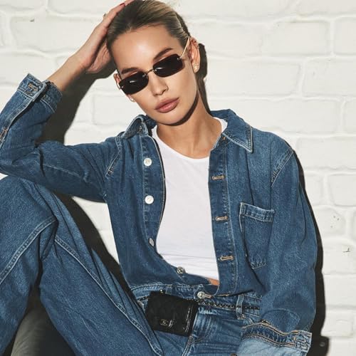 Image of Retro Frameless Rectangle Sunglasses Womens Trendy Narrow Small Frame Spring Hinge UV Protection FZN905