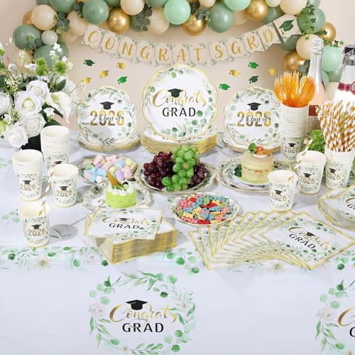 Image of Funnymoom 452 Pcs Class of 2026 Sage Green Graduation Decoration Party Supply for 50, Green Gold Eucalyptus Congrats Grad Paper Plates Napkins Cup Tablecloth Cutlery for Freshly Graduated Decoration