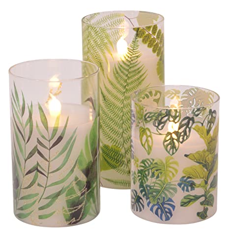 Image of Mark Feldstein & Associates Green Botanical Garden Print Flameless LED Glass Pillar Candles, Set of 3, 6 Inch