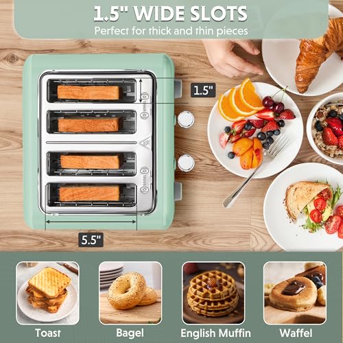 Image of BUYDEEM DT640 Retro 4 Slice Toaster, 7 Shade Settings, Extra Wide 1.5'' Slots, Stainless Steel Toaster with Bagel Muffin Defrost Reheat Function, Green
