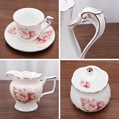 fanquare 15 Pieces Porcelain Vintage Tea Set,Rose Flowers Tea Party Set for Women,Adults,China Coffee Set - Thumbnail 2