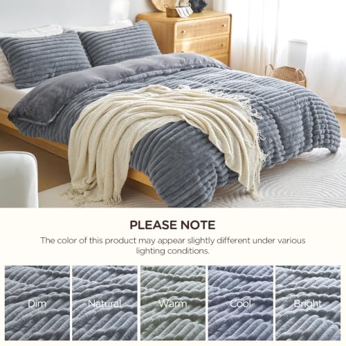 Image of Besfunny Dark Grey Plush Comforter Cover Full Size ,Fluffy Striped Bedding 2pcs Set(1 Fuzzy Duvet Cover + 1 Fur Pillow Cases ) Faux Fur Luxury Bed Set (Dark Grey, Twin)
