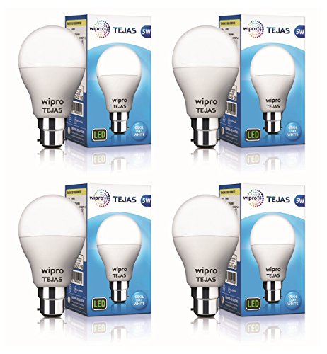 wipro Tejas Base B22 5-Watt LED Bulb (Pack of 4, Cool Day Light)