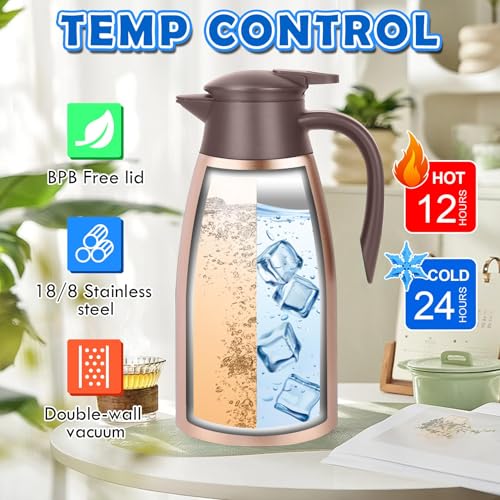 Image of 68oz Thermal Coffee Carafe, 2 Pack Airpot Insulated Coffee Urns Stainless Steel Vacuum Thermal Pot Dispenser for Coffee, Hot Water, Tea, Hot Beverage - Keep 12 Hours Hot, 24 Hours Cold (Rose Gold)