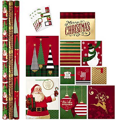 Hallmark All in One Christmas Gift Wrapping Set, Traditional (3 Rolls of Wrapping Paper, 10 Assorted Gift Bags, 32 Gift Tag Stickers), 5EWR2395