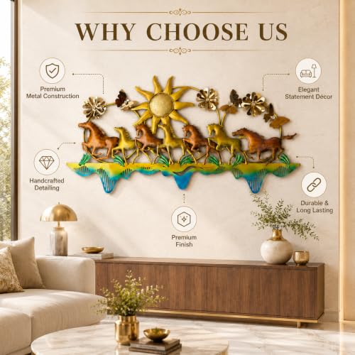 Image of Framing Hub - Large Metal Wall Decorative Multicolor Seven Running Horses with Sunrise Floral Design Wall Hanging Decor for Vastu Living Room (51 x 25 Inch)