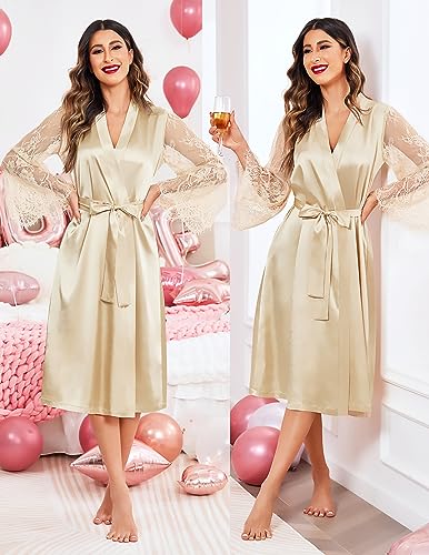 Avidlove Women's Long Kimono Satin Robe Silk Bridal Bathrobe with Floral Lace Sleeve Robes - Thumbnail 4