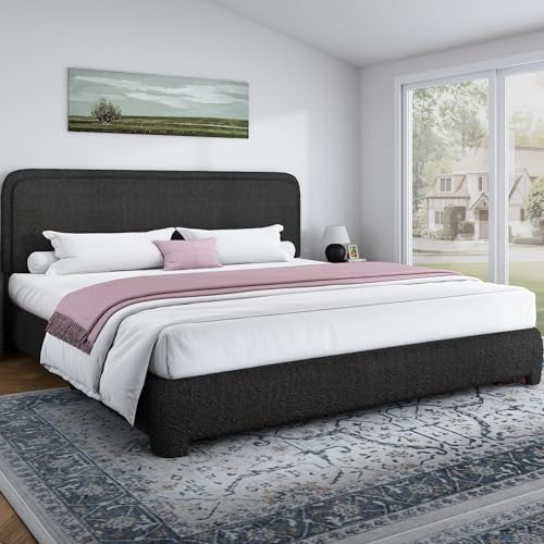 Image of BarnFurin King Bed Frame, Cloud Boucle Headboard, Rounded Corners, Black