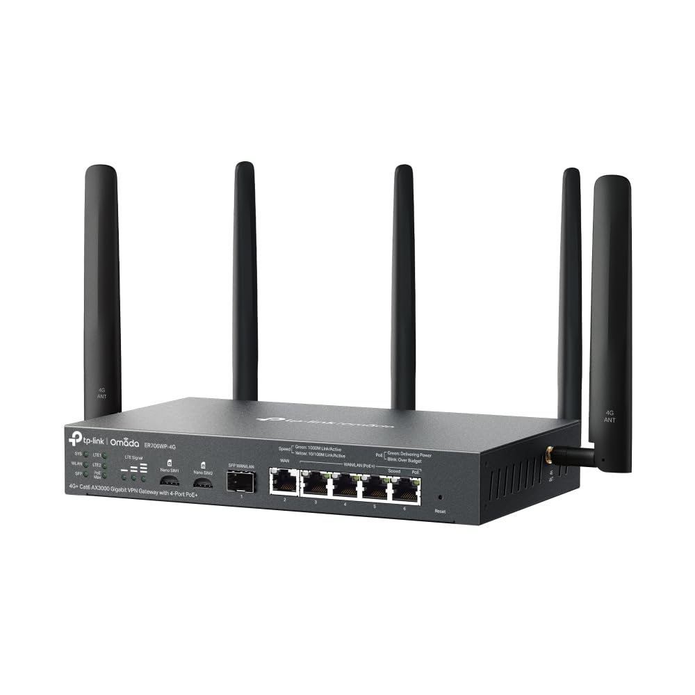 TP-Link ER706WP-4G AX3000 - Enrutador de Internet WiFi de 6 Gigabit, amplificador WiFi de doble banda, router WiFi de malla Omada, compatible con 4G+ Cat6, 5 puertos Gigabit Ethernet, VPN de alta