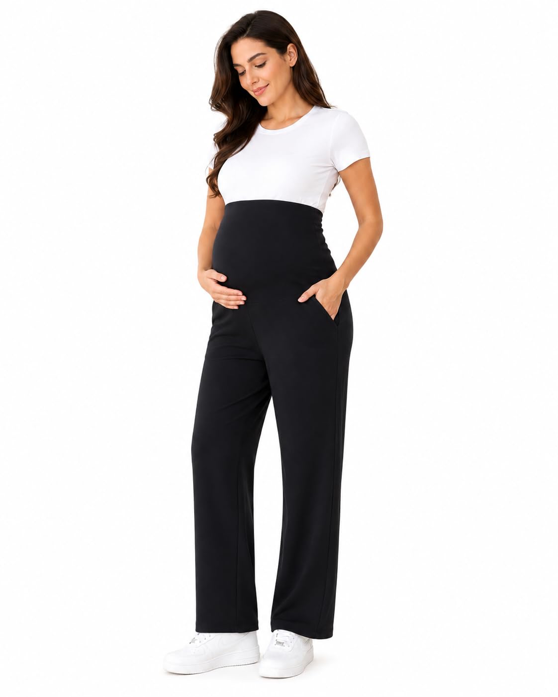 Women's Maternity Track Pants | Soft Cotton Pregnancy Pants with Over Belly Support | Stretchable Full Length Maternity Bottom Wear | Navy Blue-image-42