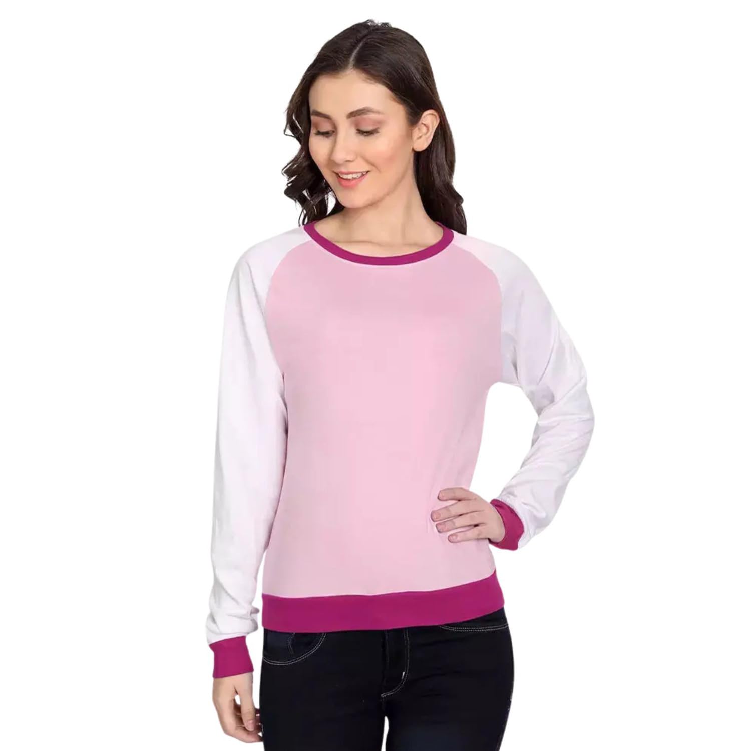 Women Casual Pink Colourblock Full Sleeve T-Shirt | Soft Cotton Blend Fabric | Round Neck | Stylish Everyday Wear Top for Women-image-46