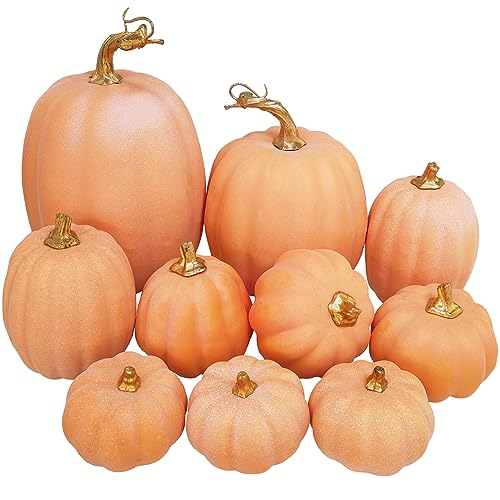 Winlyn 10 Pcs Assorted Artificial Orange Pumpkins Decorative Pumpkins Faux Light Orange...