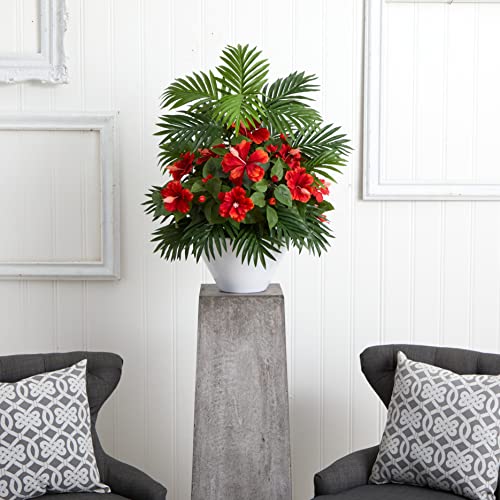 Nearly Natural Hibiscus And Areca Palm Artificial White Bowl Silk Plants Red #TOP1