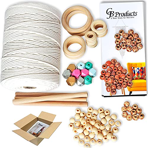 Kit de macramé – 200 m de cordon en coton de 3 mm – 132 pièces de fournitures pour macramé – Corde naturelle, anneaux en bois, perles colorées et livre, kits de macramé pour adultes débutants