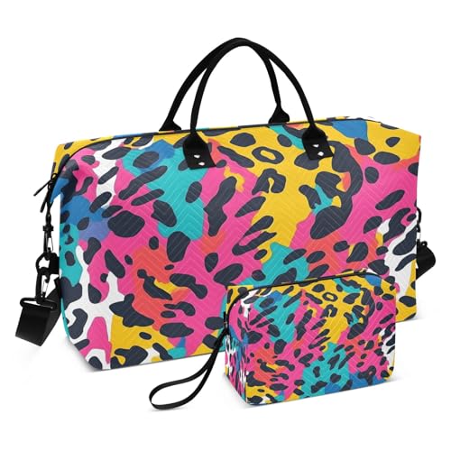 Weekender Bags Travel Duffel Gym Bag Leopard Print Rainbow Color Pattern Carry on Overnight Tote Bag with Toiletry Bag for Airplane Travel Trip Gym Yoga