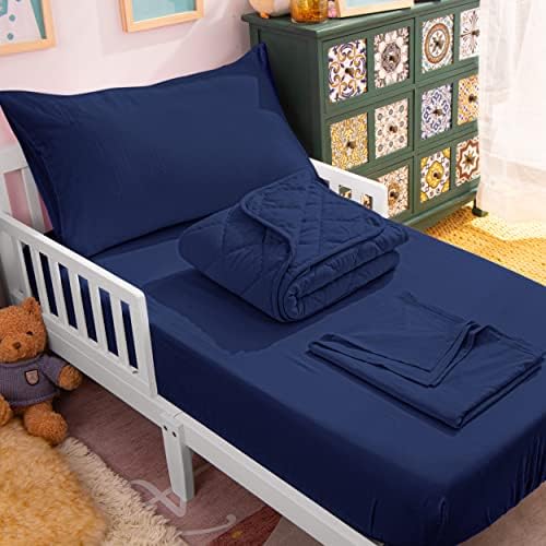 NTBAY 4 Piece Ultra Soft and Breathable Toddler Bedding Set, Microfiber Crib Sheet Set, Includes Quilted Comforter, Fitted Sheet, Flat Top Sheet and Envelope Pillowcase for Boys and Girls, Navy