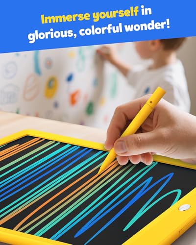 Image of TEKFUN LCD Writing Tablet for Kids, 10-inch Coloring Drawing Pad, Mess Free Doodle Board, Airplane Travel Toys for Boys and Toddlers, Road Trip Essentials, Gifts for 3 4 5 6 7 8 Year Old Girls(Yellow)