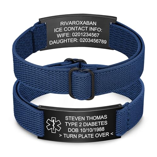 FLHEART Personalizado Alerta Médica Pulsera - Elástico Ajustable SOS ID Pulsera Con Grabado Diabetes Epilepsia Alergia Número de Teléfono de Emergencia Pulseras Niños Hombres Mujeres