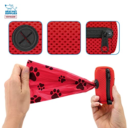 Image of Best Pet Supplies Dog Poop Bag Holder Leash Attachment with Reusable Dispenser for Travel, Walking, Park, and Outdoor Use, Durable with Clip-On - Red, Pack of 2, Mesh Dispenser w /30 Bags