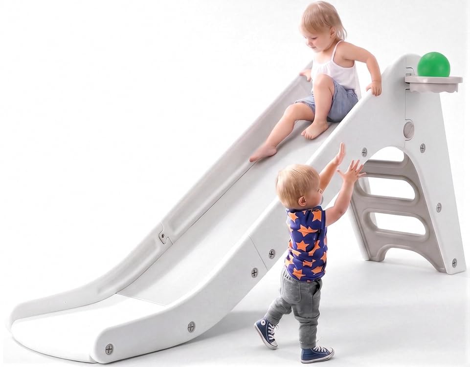 Toddler Indoor Slide, Foldable Baby Climber Playset with Basketball & Hoop Grey White