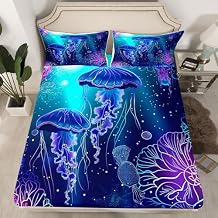 Jellyfish Fitted Sheet Blue Purple Marine Life Pattern Sheet Set Ocean Theme Fitted Sheet Deep Pockets Sea Animal Jellyfish Coral Fitted Bed Sheets with 1 Pillowcase, Twin, No Flat Sheet &Top Sheet