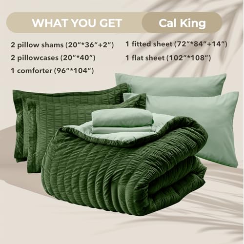 Image of HYMOKEGE Dark Green /Sage Green California King Comforter Set Seersucker 7 Pieces, All Season Luxury Bed in a Bag for Bedroom, Bedding Set with Comforter, Sheets, Pillowcases & Shams