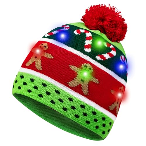 HOTUVEP LED Christmas Cap with Replaceable Battery, Glow In The Dark Xmas Beanie Knitted Hat with 6 Colorful Lights, Unisex Santa Hat for Kids Adults Christmas Party Costume