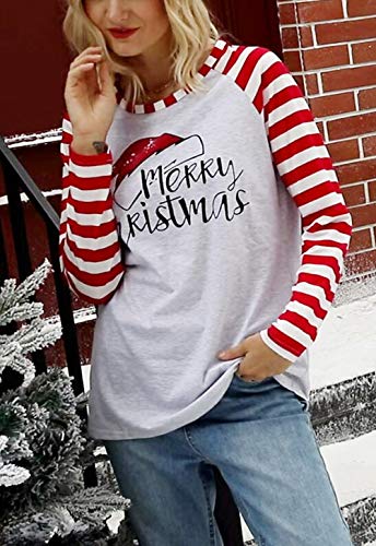 DUTUT Merry Christmas Baseball T-Shirt Womens Cute Santas Hat O-Neck Long Sleeve Striped Splicing Tops Tees Size M (Grey)