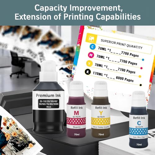 Image of Kosh GI-70 Premimum Ink Bottle Compatible for Canon PIXMA GM2070, GM4070, G5070, G6070, G7070 Printers (Set 1- Black, Magenta,Cyan,Yellow.)