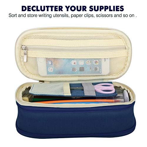 Image of MoKo Pencil Pen Marker Case, Storage Bag Pouch Stationery Organizer with Zippers for Office /School Supplies, Beige & Indigo